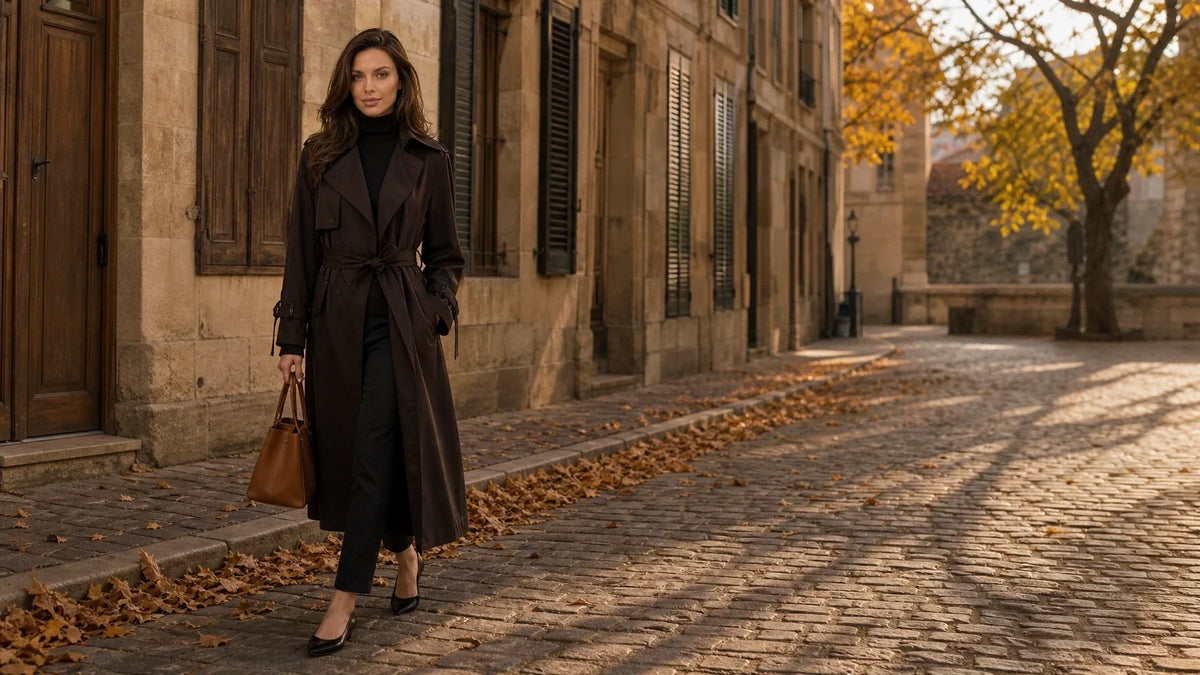 Trench dama elegant maro, ținută clasică de toamnă pe stradă