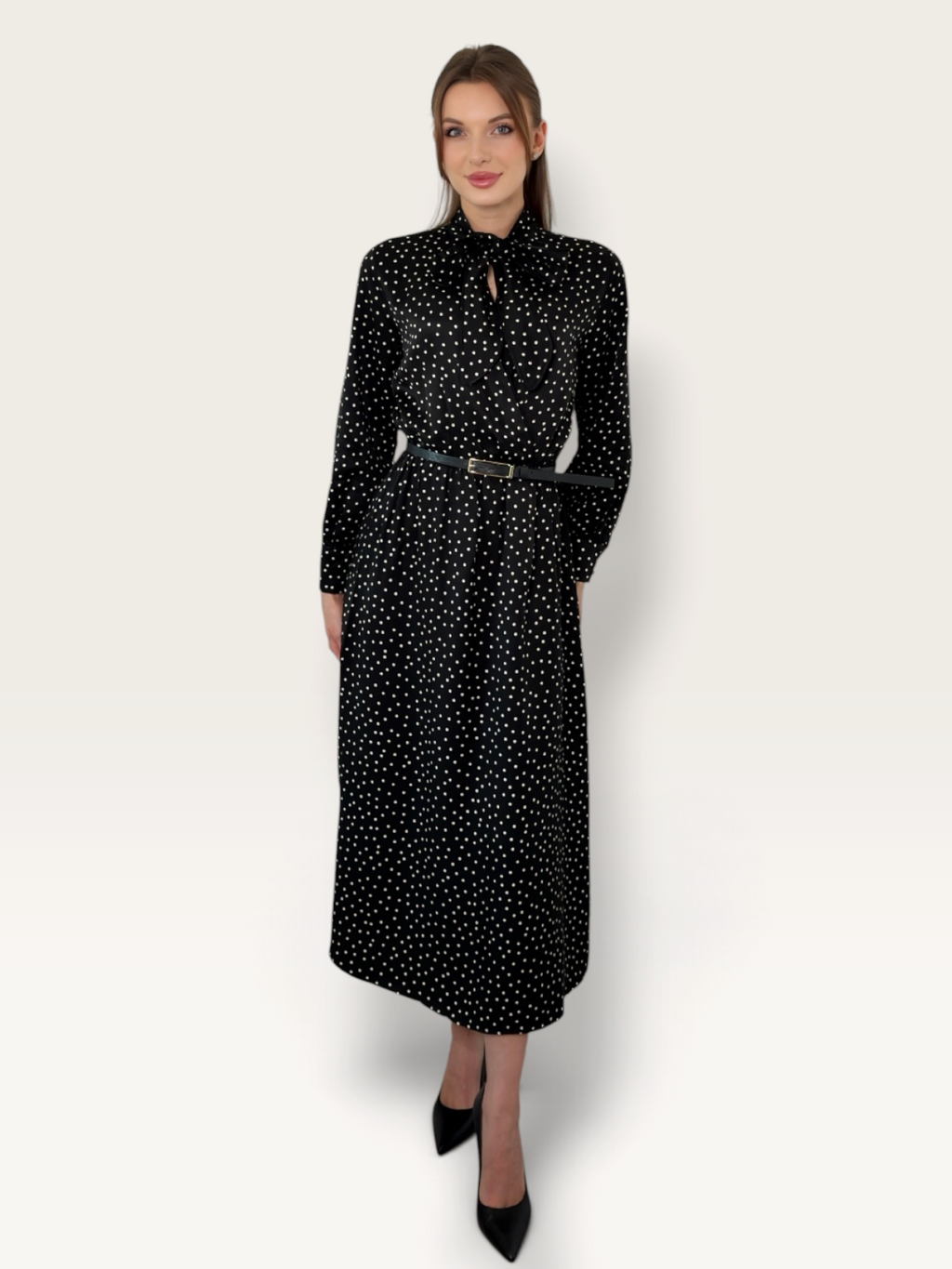 Rochie midi cu buline neagra si funda la gat Dahlia