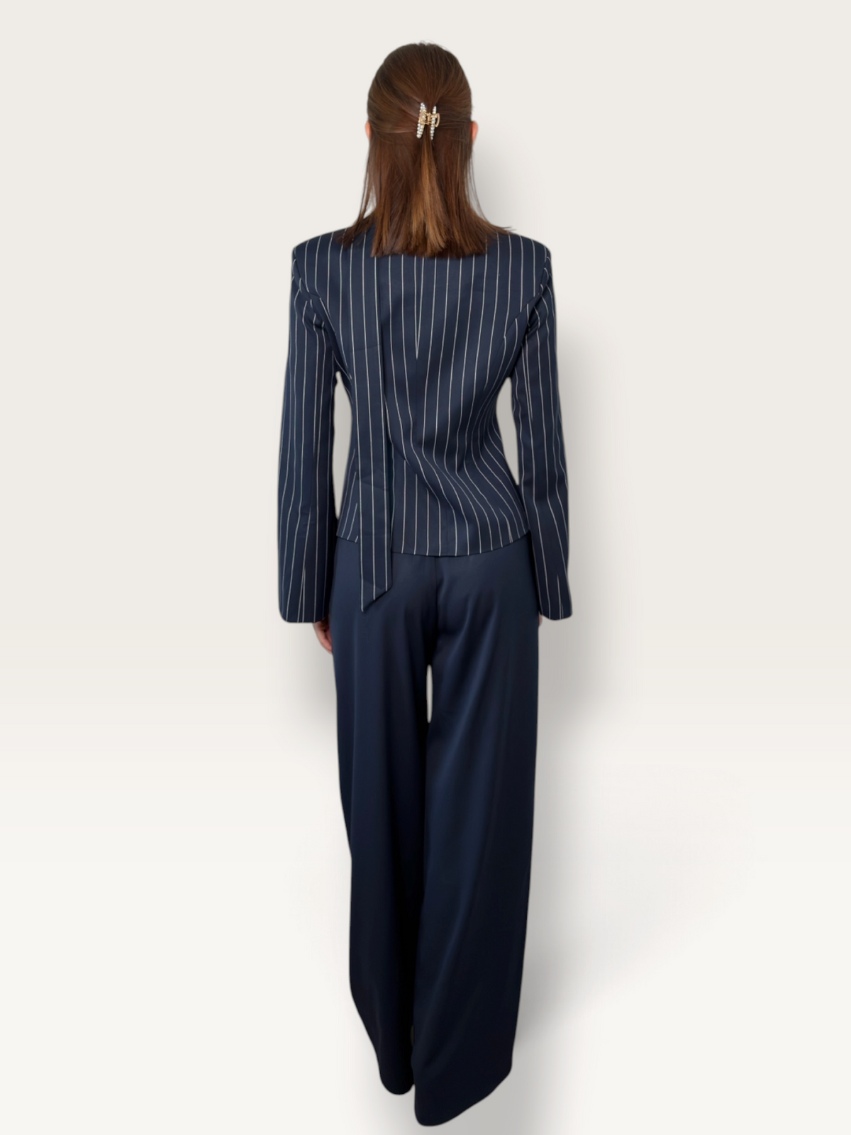 Pantaloni bleumarin evazati talie inalta Dahlia
