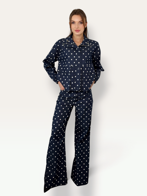 Compleu dama cu buline albe bleumarin jacheta si pantaloni Dahlia