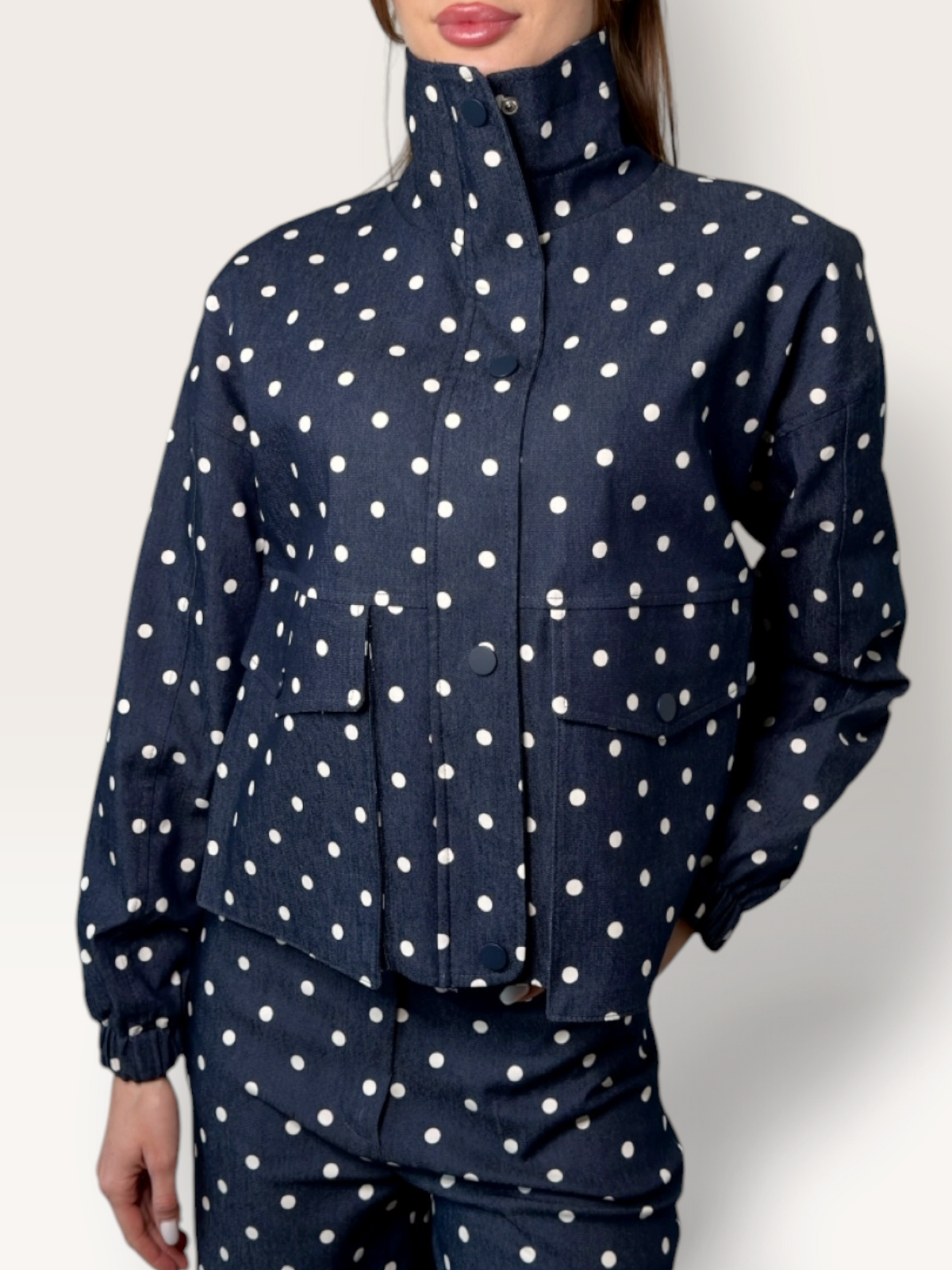 Compleu dama cu buline bleumarin doua piese Dahlia