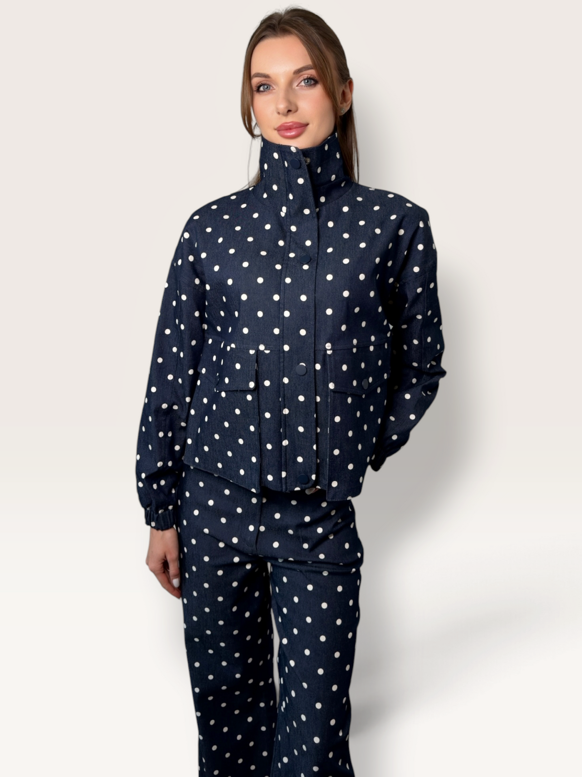 Pantaloni bleumarin talie inalta compleu cu buline Dahlia