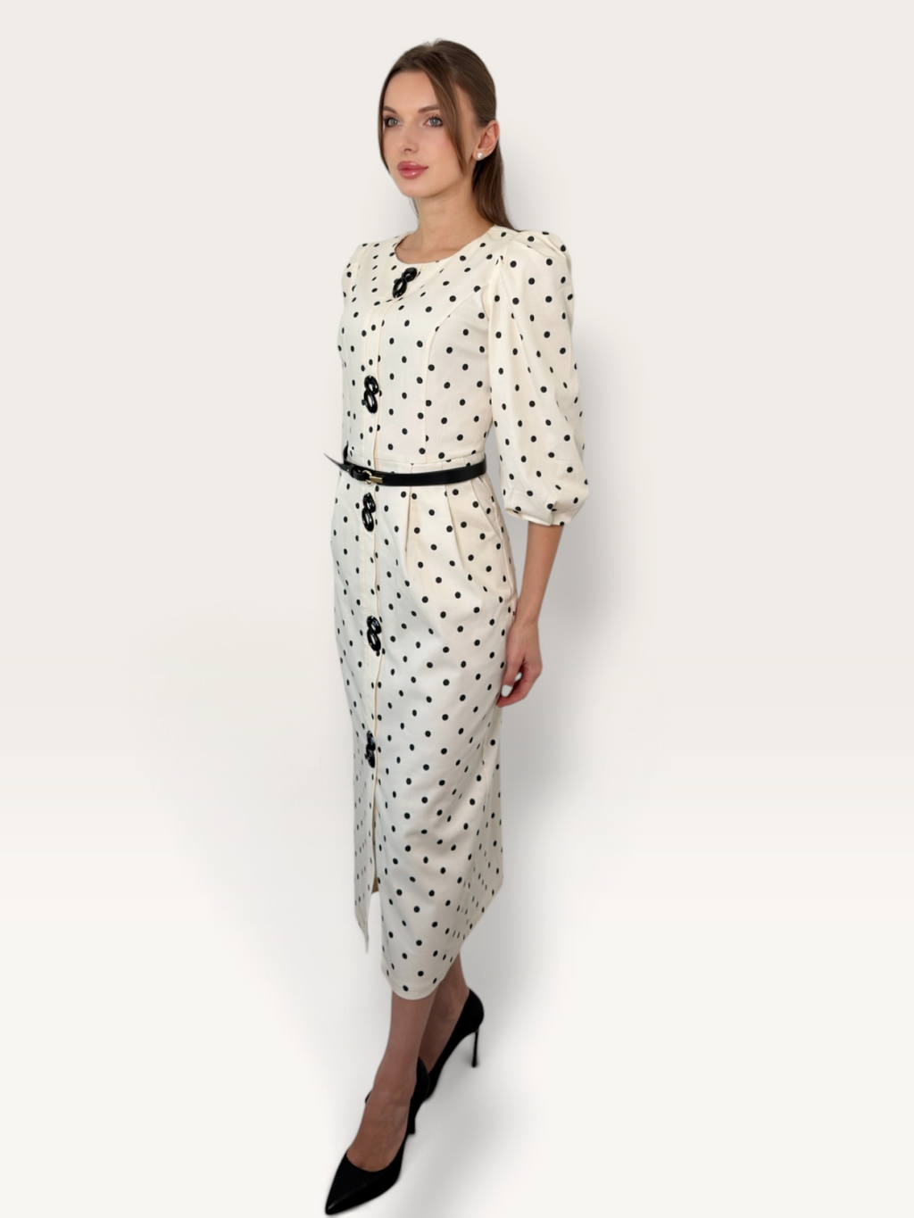 Rochie cu buline crem si curea in talie Dahlia