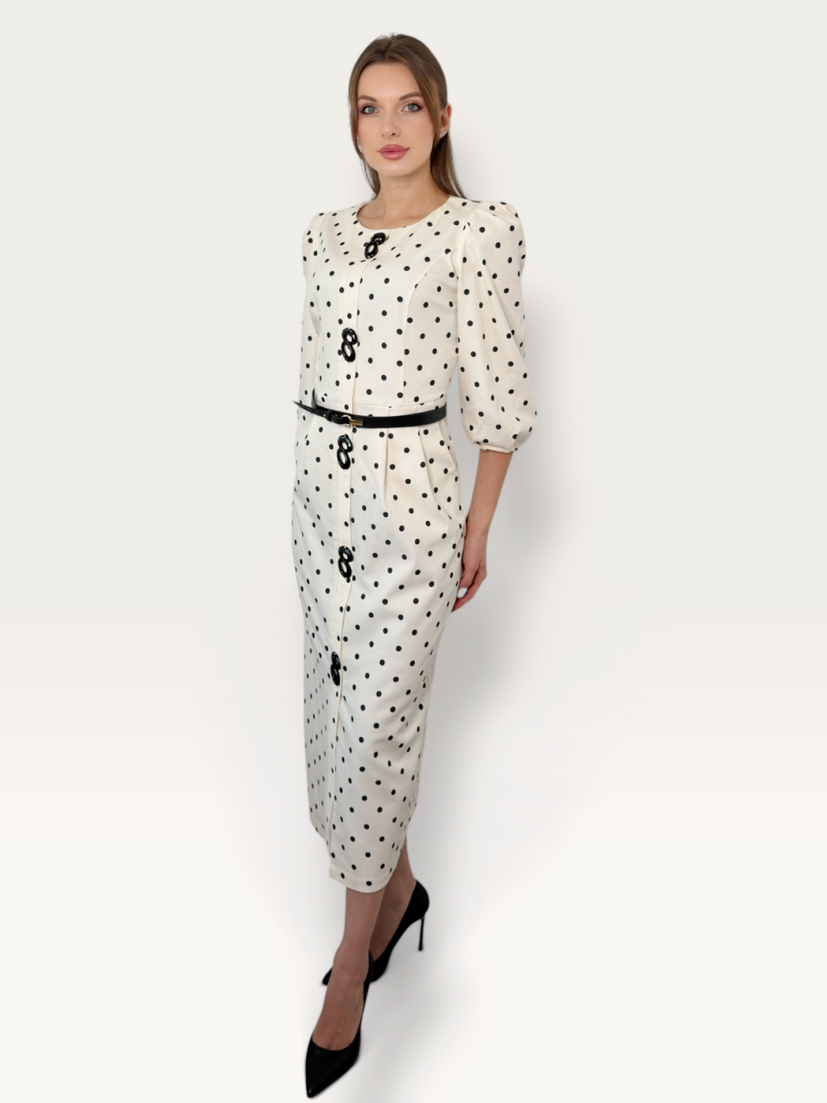 Rochie midi cu buline crem si nasturi decorativi Dahlia