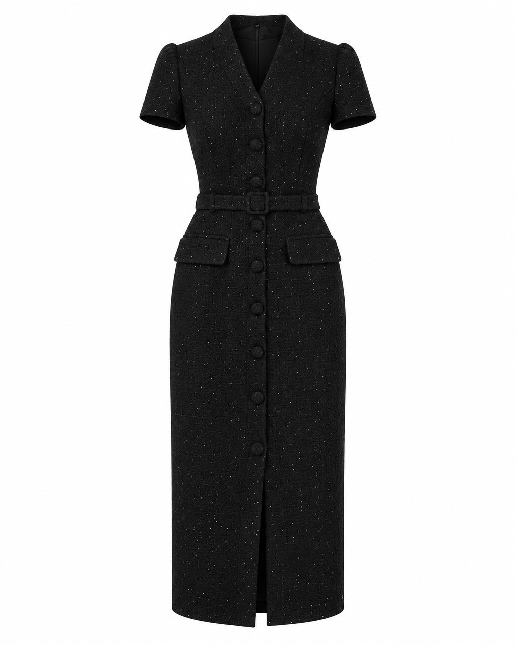 Rochie midi neagră din tweed cu nasturi Claudine