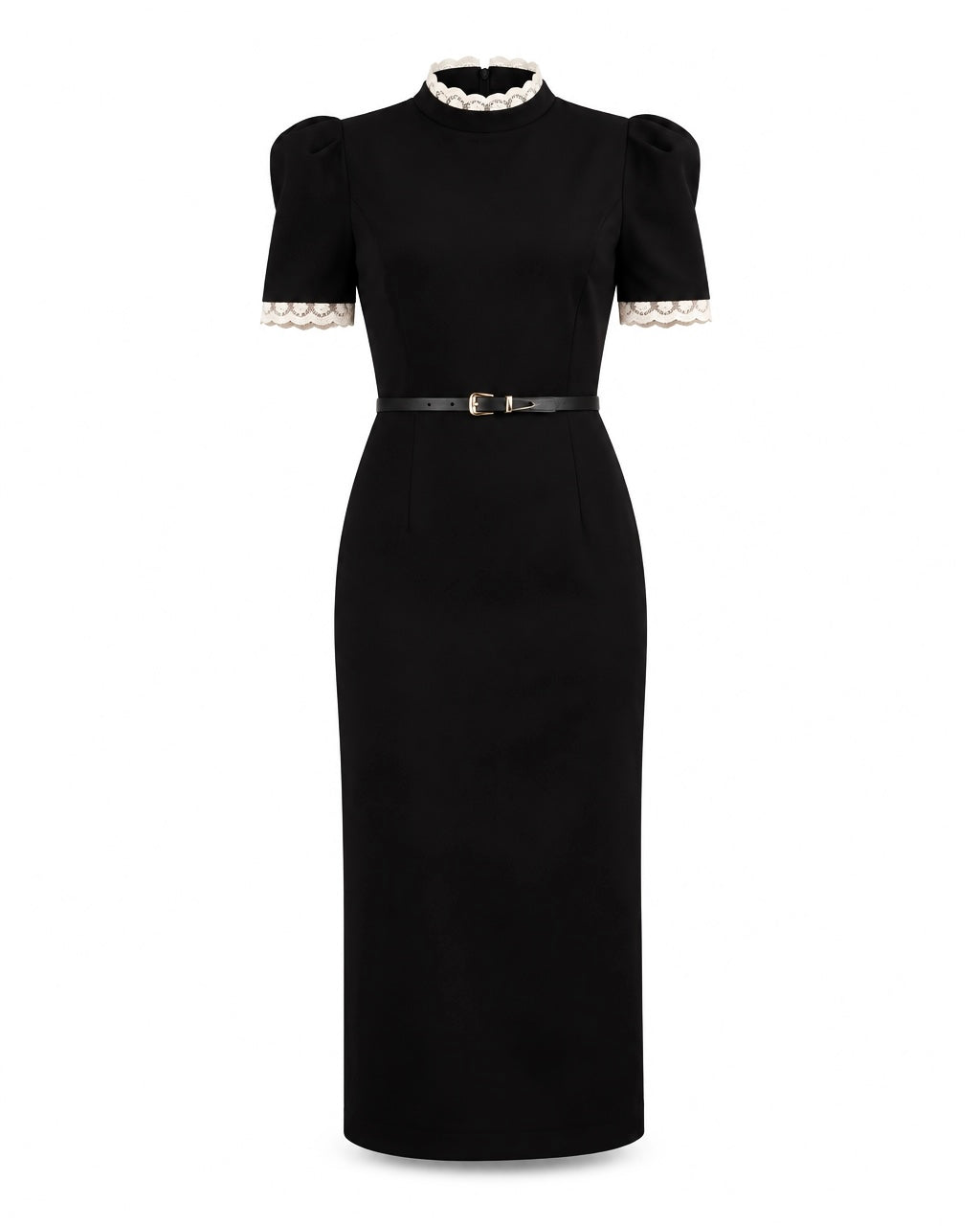Rochie midi neagră cu dantelă la guler Cecilia